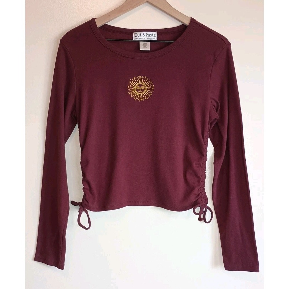 Cut & Paste XL Burgundy Celestial Sun Embroidered Ruched Y2K Long Sleeve Top
